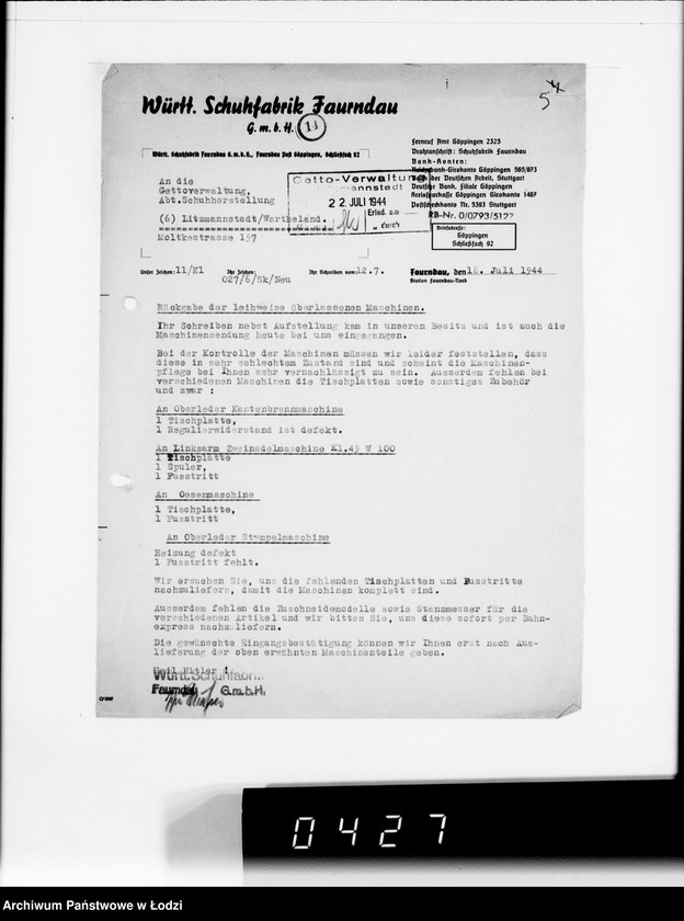 Obraz 9 z jednostki "Württembergische Schuhfabrik Faurndau G.m.b.H.Schriftwechsel"