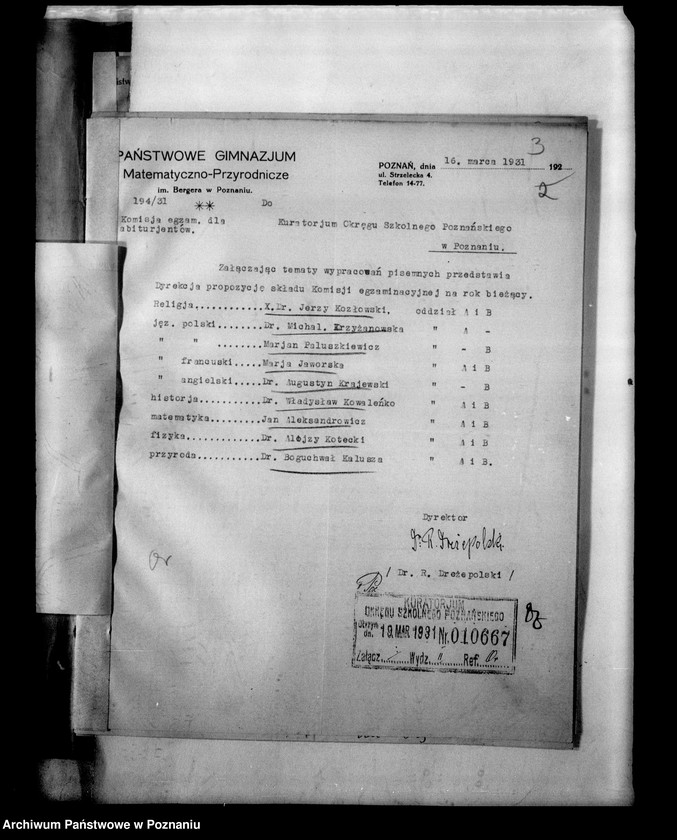 Obraz 7 z jednostki "Państwowe Gimnazjum imienia Bergera- Poznań [protokół egzaminu eksternistów i spisy abiturientów]"