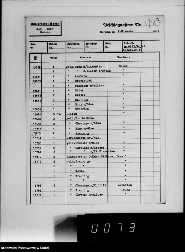 Obraz 12 z jednostki "Ankauf vom J.A.[Kartoteka dostaw skonfiskowanych kosztowności]"