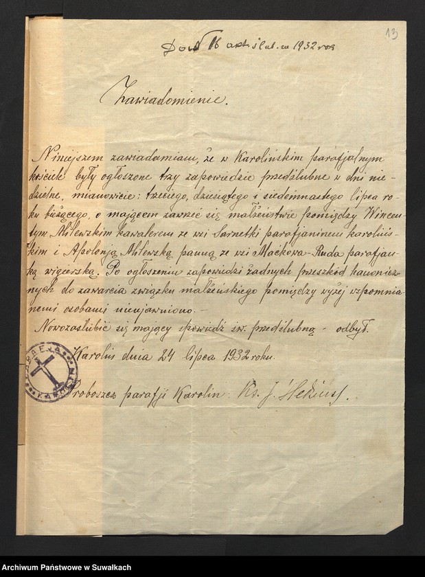 image.from.unit.number "Aneksa Aktów Ślubnych w Rz-Katolickiej Parafji Wigierskiej pow. Suwalskiego za 1932 rok"