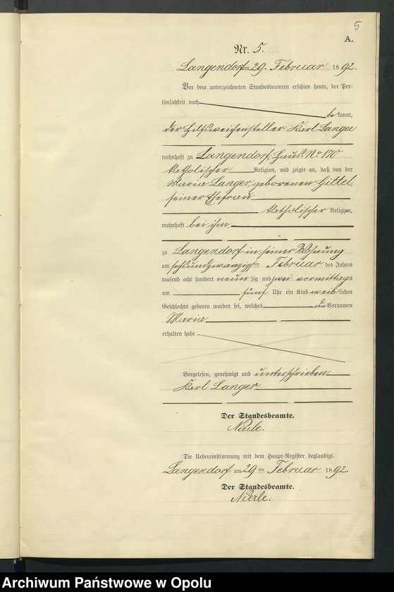 Obraz 9 z jednostki "Geburts-Neben-Register des Standesamts Langendorf pro 1892"