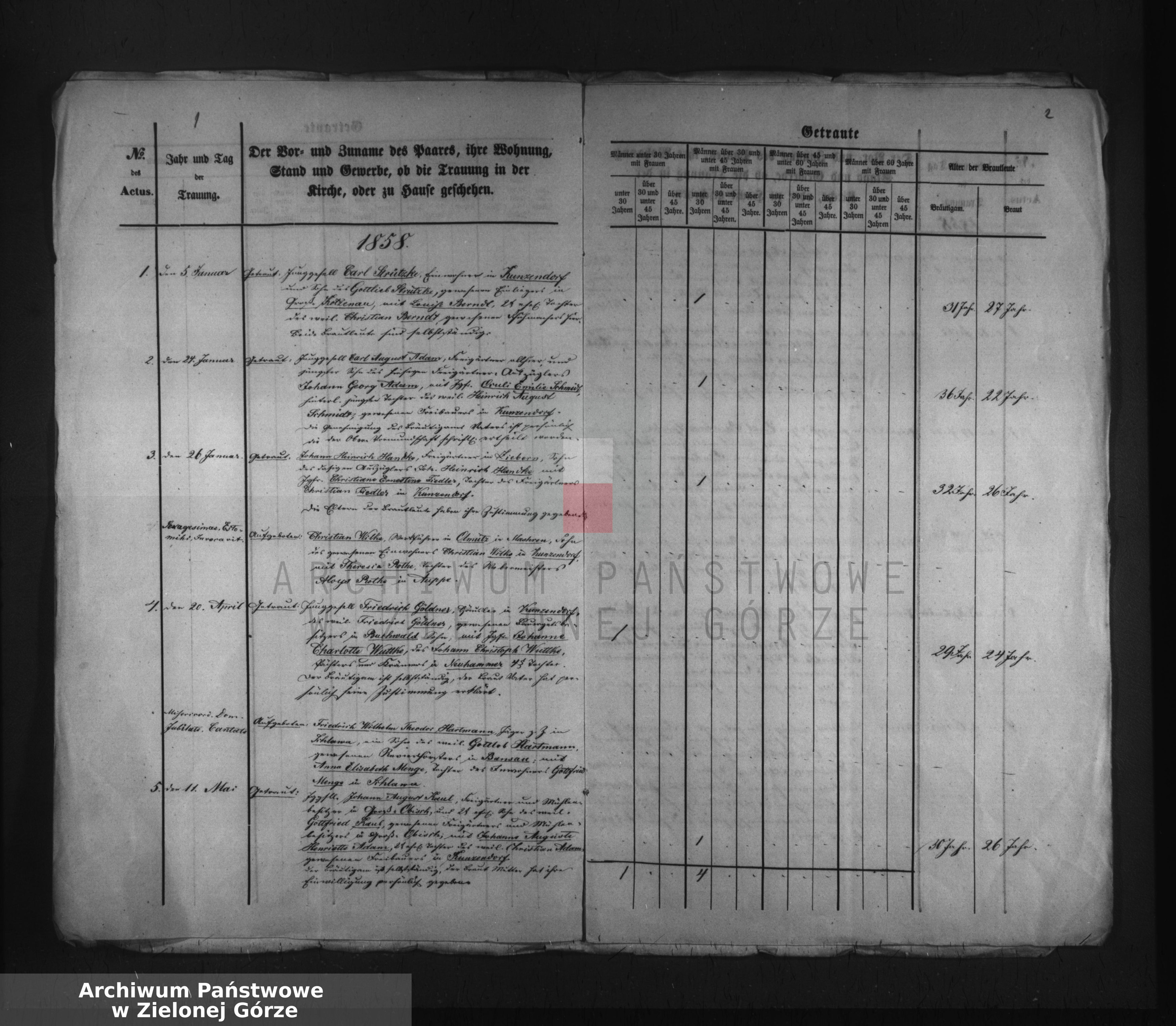 Skan z jednostki: Duplicat des Trauung Verzeichnisses bei der Kirche zu Kunzendorf pro 1858