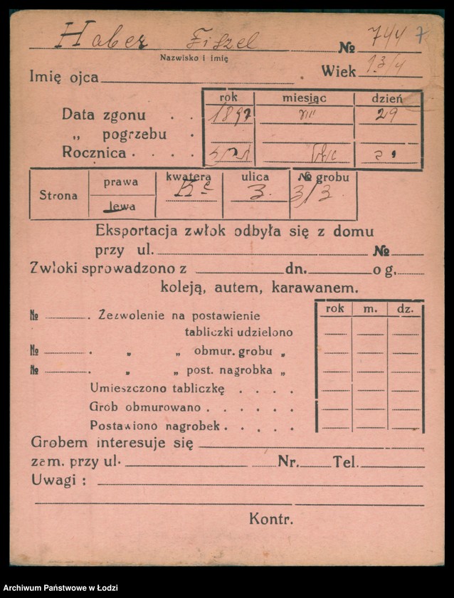 Obraz 8 z jednostki "Kartoteka osób pochowanych na cmentarzu żydowskim przy ulicy Brackiej w latach 1892-1961. Nazwiska na litery: Ha-Helme"