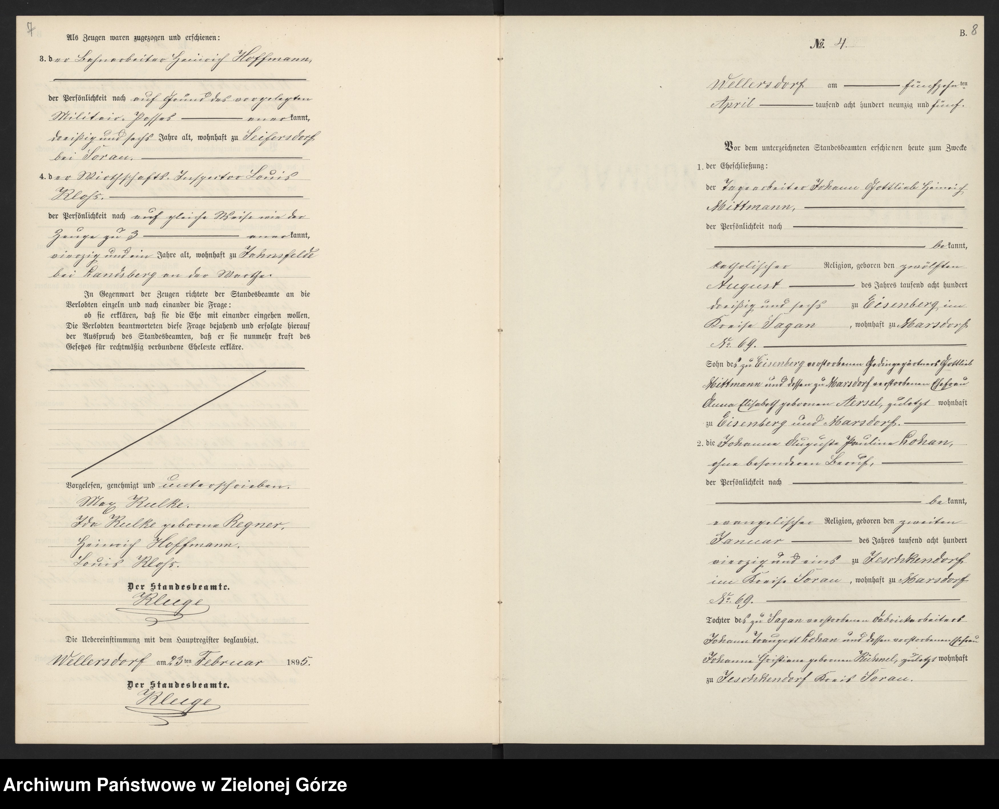 Skan z jednostki: Heiraths Neben Register Standes Amt Wellersdorf 1895