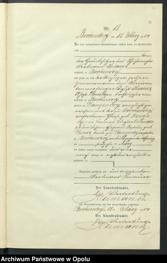 Obraz 19 z jednostki "Sterbe-Neben-Register des Standesamts Borkendorf pro 1904"