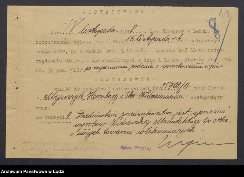 Obraz 13 z jednostki "Widzewianka- Judka Majerczyk, Aron Herszberg, Hijel Majer Przedecki- sprzedaż wyrobów i innych towarów Widzewskiej Manufaktury Sp. Akc."