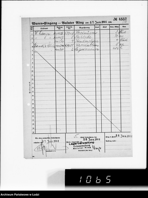 Obraz 18 z jednostki "Waren-Eingang. Baluter Ring [Dzienne zestawienia faktur na towary dostarczane do składów Getta na Bałuckim Rynku]"