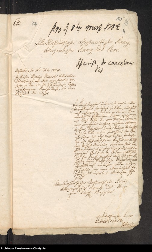 image.from.unit.number "In S. [Sachen] des Erzpriester Pisanski zu Rastenburg [Kętrzyn] wegen gebethener Asistentine Fisci in seinen mit der Verwittwe Erzpristerin Volmer wegen der strittigen Chaluppe zu führenden Proceß"