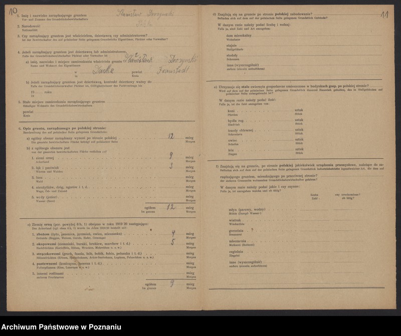 Obraz 10 z jednostki "[Kwestionariusze dotyczące stwierdzenia gruntów znajdujących się po polskiej stronie pogranicza a zarządzanych przez zamieszkałych po stronie niemieckiej] powiat leszczyński"