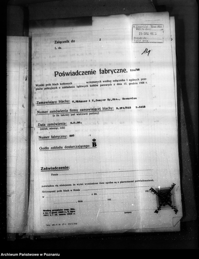 image.from.unit.number "Zakłady Przemysłowe Budowy Maszyn H. Cegielski Poznań - G. Wilda nr woj. kotła 5973"