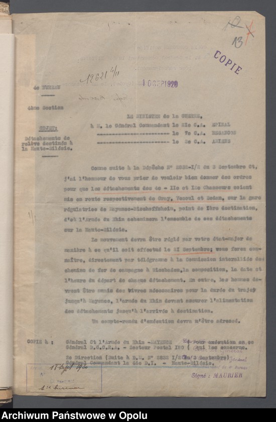 Obraz 15 z jednostki "Recrutement-Effectifs-Renforts-Situations /Korespondencja dotycząca uzupełnień, demobilizacja, wzmocnienie stanów liczebnych oddziałów/ 3.09.1920"