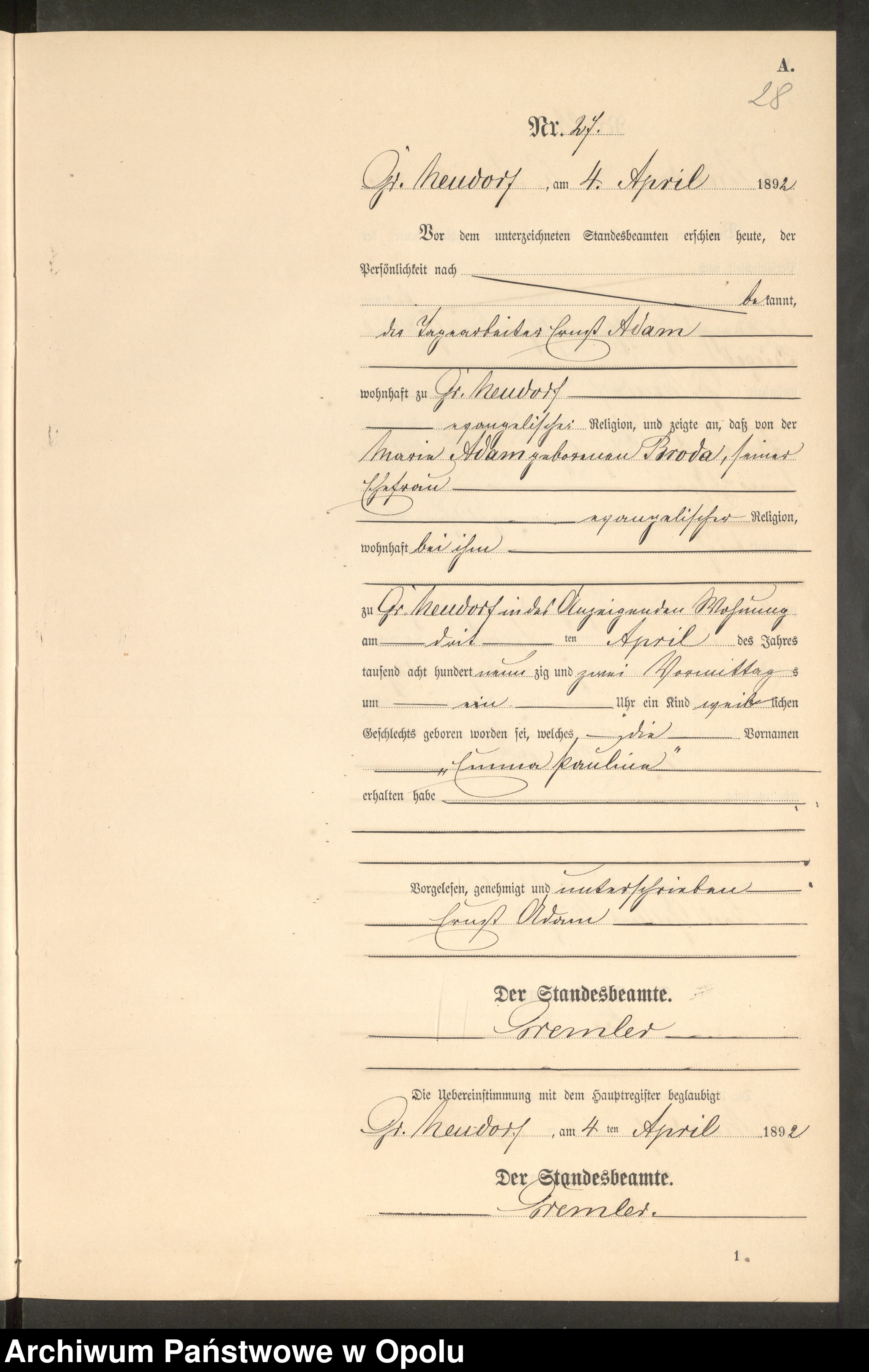 Skan z jednostki: Geburts-Neben-Register Standes-Amt Gross Neudorf 1892