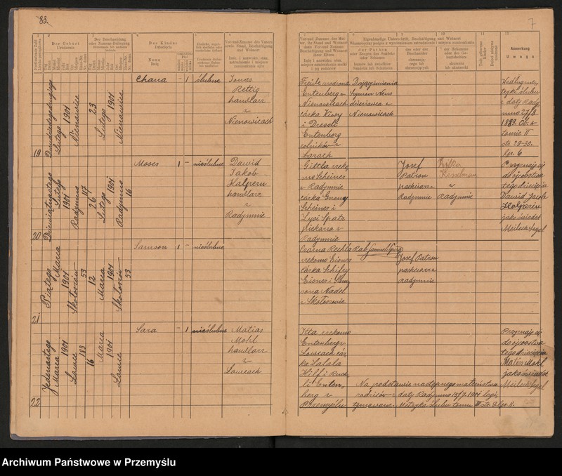 image.from.unit.number "Duplikat metryki urodzin za 1901 rok Urzędu metrykalnego izraelickiego w Radymnie. Tom VIII"