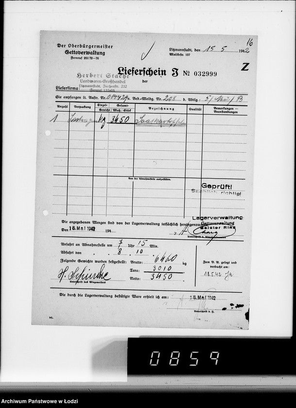 Obraz 20 z jednostki "Aufträge [Lieferscheinen und Rechnungen] 14370-14430 [Dostawy artykułów pierwszej potrzeby do Getta]"