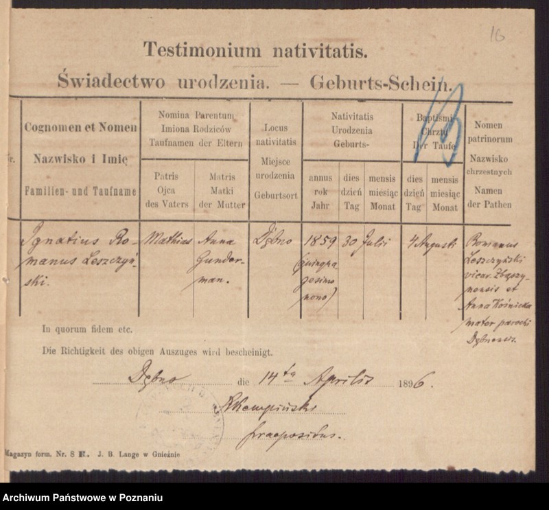 Obraz 18 z jednostki "Die von den Verlobten beigebrachten Urkunden zur Eheschliessung pro 1896"