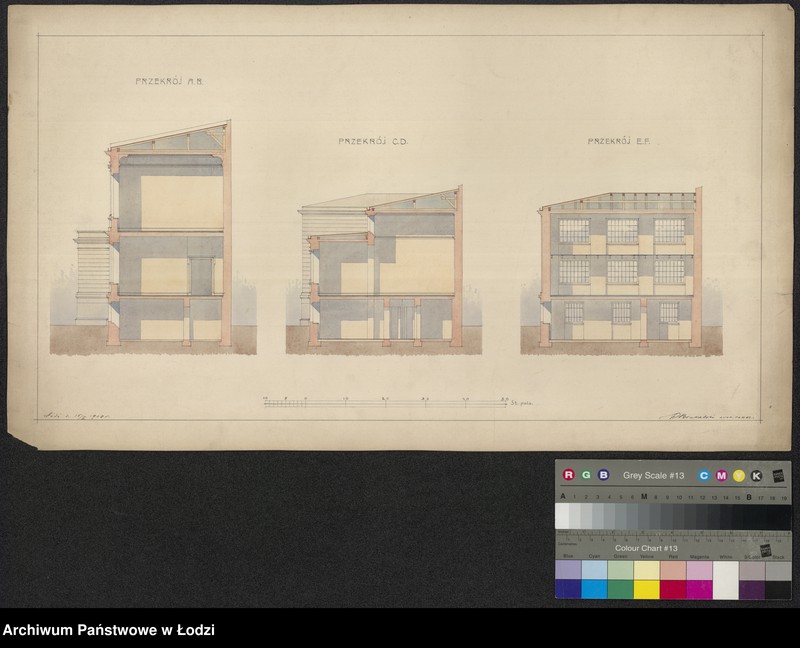 Obraz 1 z jednostki "Projekt budynku Wydziału Hipotecznego przy Towarzystwie Kredytowym w Łodzi. Przekroje A-B, C-D, E-F"