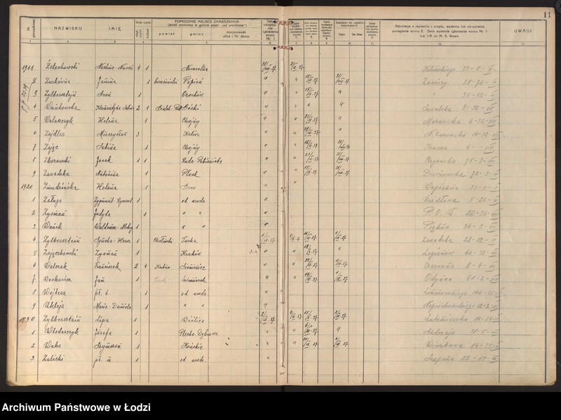 Obraz 14 z jednostki "Księga kontroli ruchu ludności (rejestr osób przybywających do gminy) Łódź, zespół VIII, lit. U, W, Z, Ż"