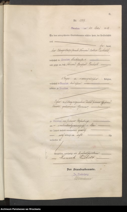 image.from.unit.number "Sterbe Haupt Register Standesamt Breslau III 1912 Band 5"