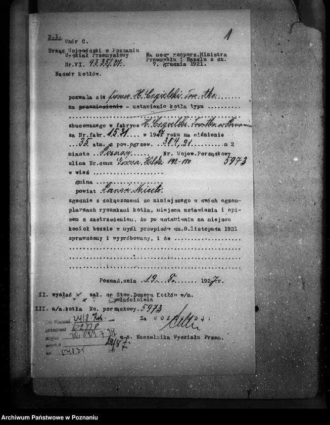 image.from.unit.number "Zakłady Przemysłowe Budowy Maszyn H. Cegielski Poznań - G. Wilda nr woj. kotła 5973"