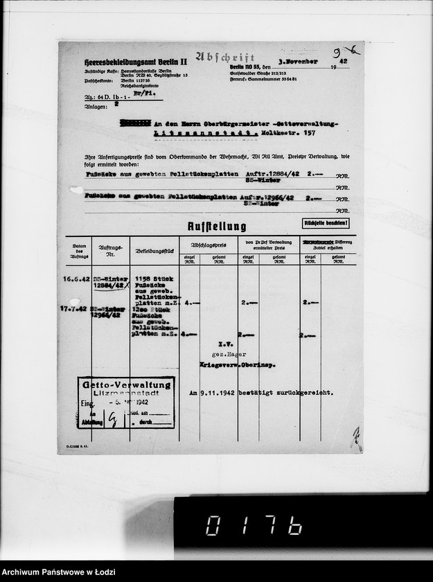 Obraz 13 z jednostki "5234 Kriegsauftrag SS-12884/42 Winter 1.158 St.Fusssäcke H.B.A.Berlin"