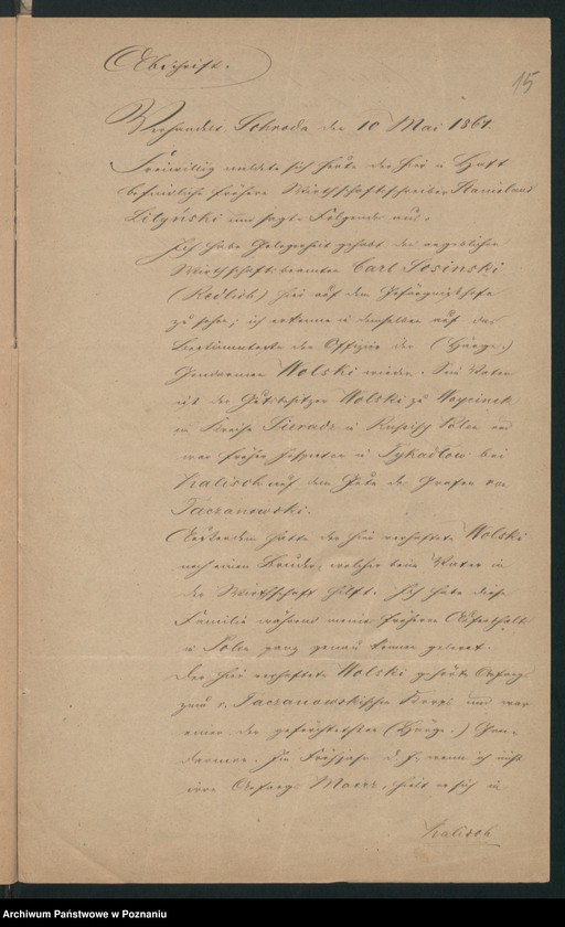 Obraz 18 z jednostki "Acta betreffend den in Orzeszkowo Kreis Schroda /Środa/ am 23.April 1864 verhafteten, angeblichen Holzkaufmann Josef Redlich aus Raszkowo, Kreis Adelnau /Odolanów/."