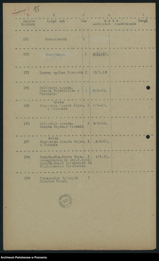 Obraz 17 z jednostki "Wykaz akt Departamentu V [Spraw Wewnętrznych] Ministerstwa B. Dz. Pruskiej w Poznaniu"
