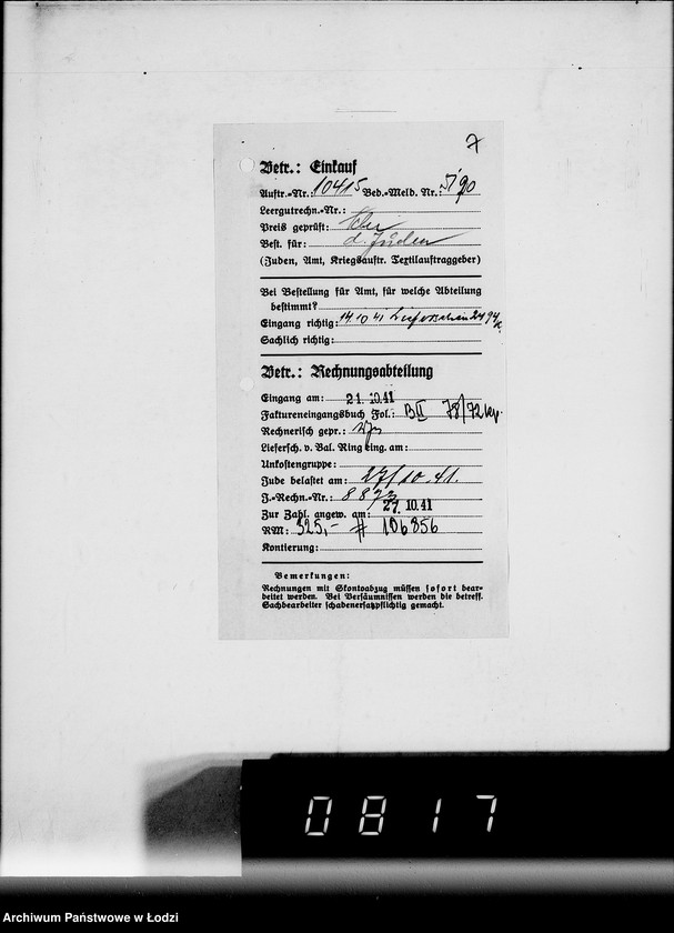 Obraz 11 z jednostki "E. Rechnungen [za dostawy towarów spoza Getta]"