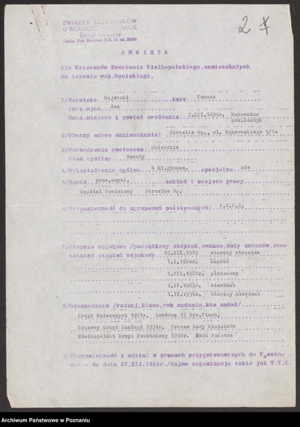 Obraz 11 z jednostki "Ankieta dla weteranów powstania wielkopolskiego zamieszkałych na terenie województwa opolskiego. Część ll."