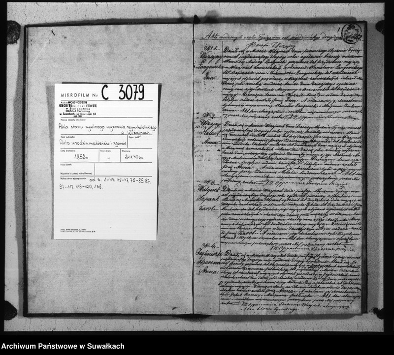 Obraz 3 z jednostki "Duplikat urodzonych, zaślubionych i umarłych parafii wiżajńskiej z roku 1852"