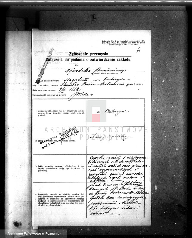 image.from.unit.number "Zatwierdzenie zakładu przemysłowego fabryki lakierów i politury własność Bułak-Bałachowicz w Krotoszynie nr rej. 573"