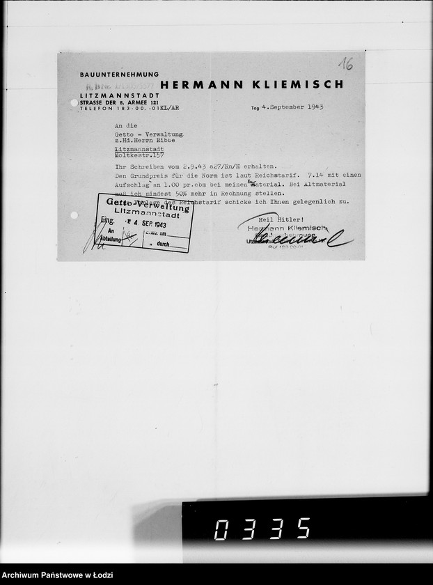 Obraz 20 z jednostki "Fa.Kliemisch.Werkhalle & Baluter-Schlahthof [rachunki za dostawy towarów dla Getta]"