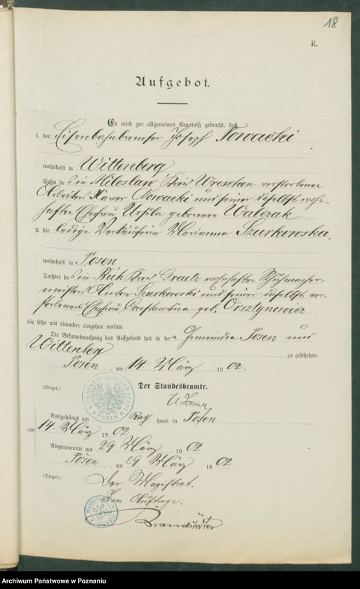 Obraz 20 z jednostki "[Dokumenty dostarczone przez narzeczonych do zawarcia związku małżeńskiego za 1902 rok. Tom V]"