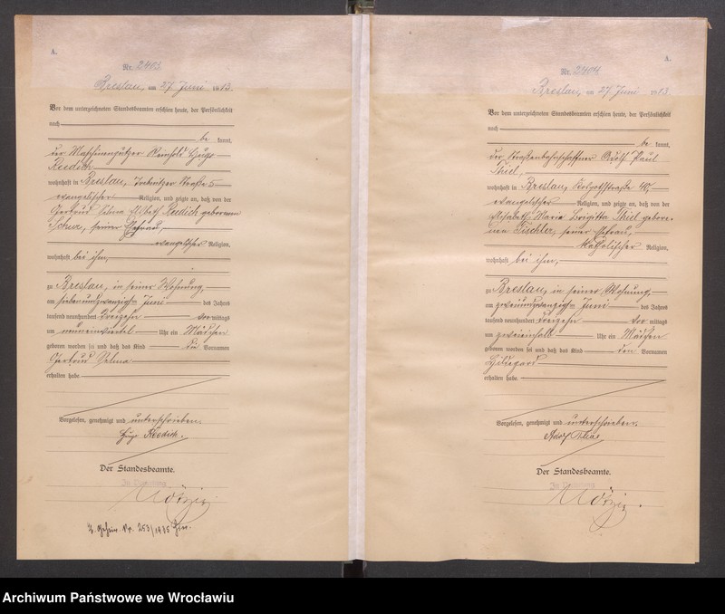 image.from.unit.number "Geburts Neben Register Standesamt Breslau III 1913 Band 7"