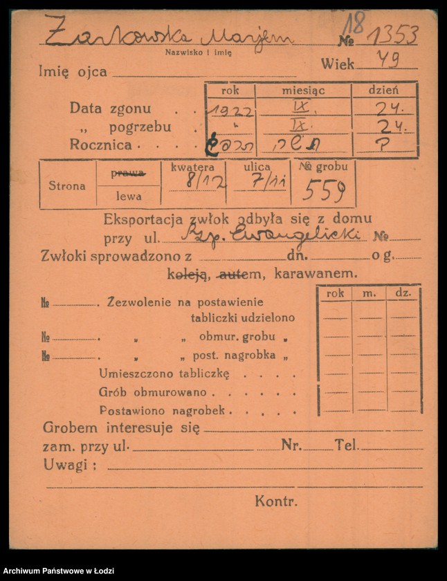 Obraz 19 z jednostki "Kartoteka osób pochowanych na cmentarzu żydowskim przy ulicy Brackiej w latach 1892-1956. Nazwiska na literę Ż"