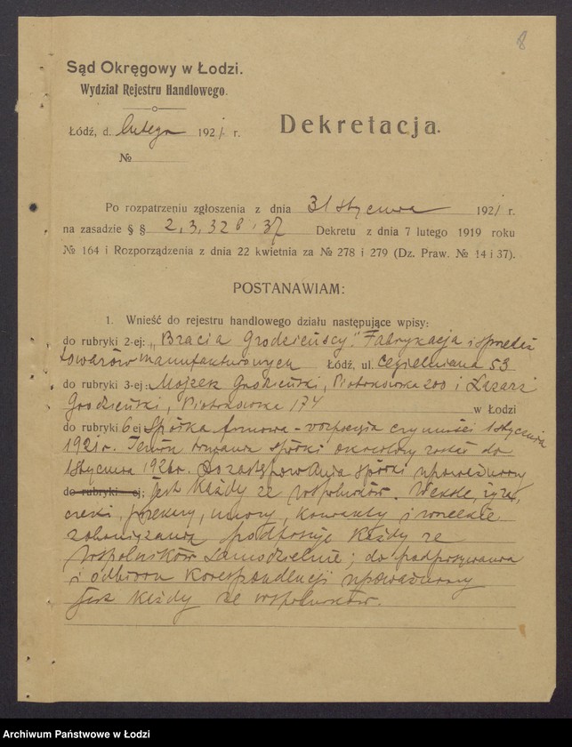 Obraz 10 z jednostki "Mojżesz Grodzieński, Łazarz Grodzieński- "Bracia Grodzieńscy"- fabrykacja i sprzedaż towarów manufakturowych"