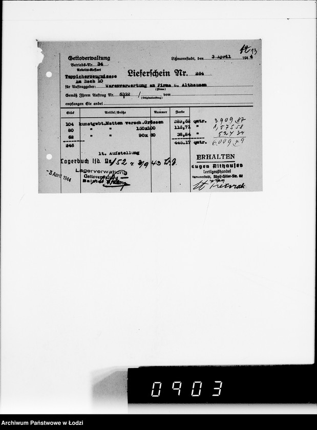 Obraz 17 z jednostki "Auftrag 592 Warenverwertung von den Judenältesten für Eugen Althausen Litzmannstadt"