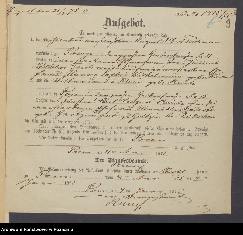 Obraz 11 z jednostki "Die von den Verlobten beigebrachten Urkunden zur Eheschliessung pro 1875"