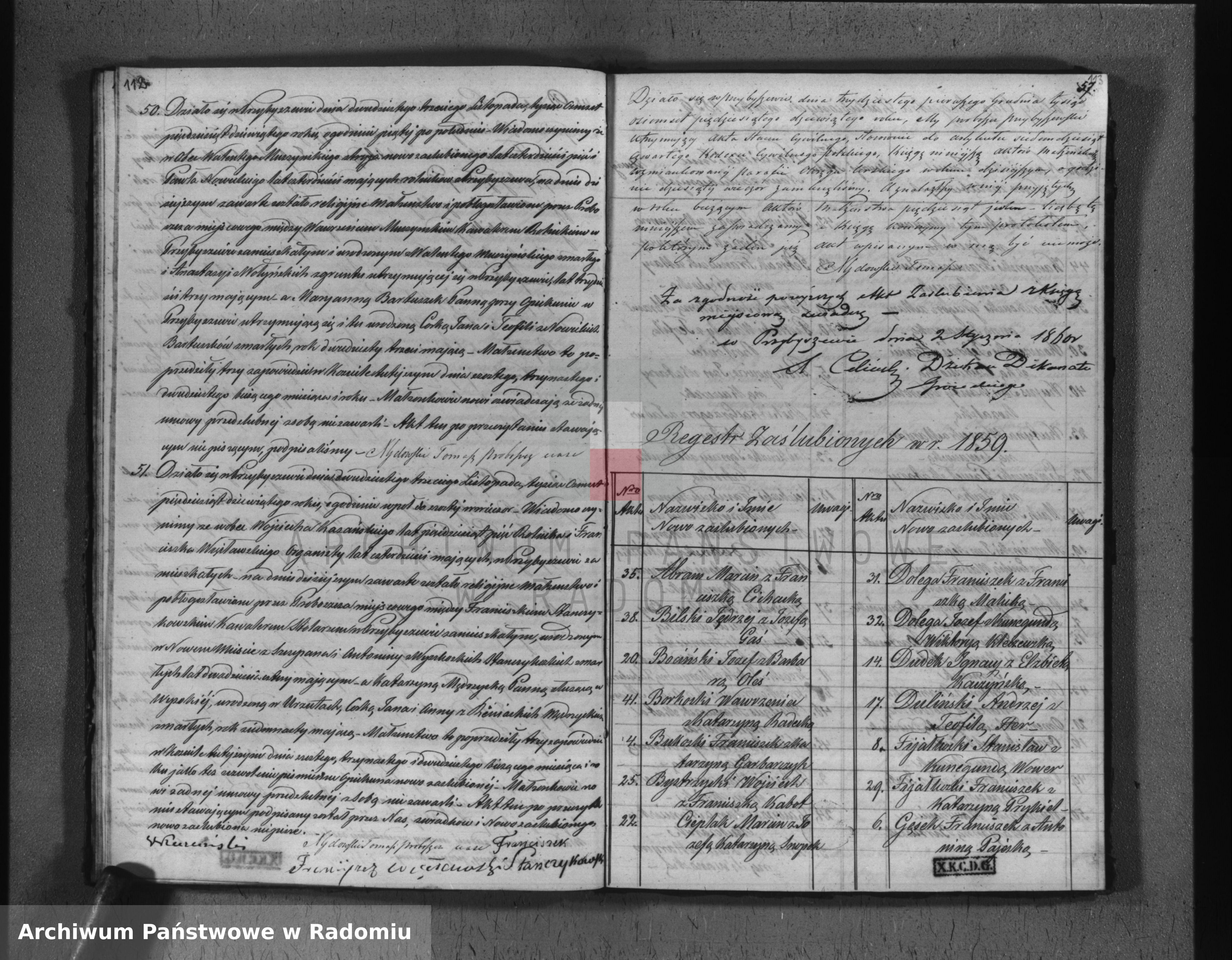 Skan z jednostki: Duplikat akt urodzonych, zaślubionych i zmarłych na rok 1859 w parafii Przybyszewskiej