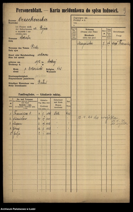Obraz 12 z jednostki "[Spis ludności Łodzi] Orzechowska-Osiński"