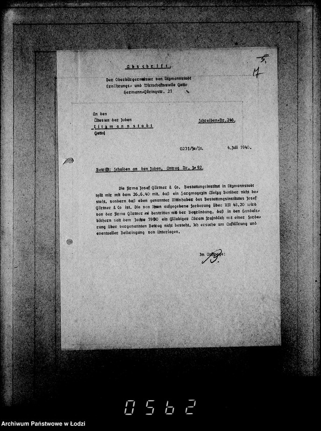 Obraz 11 z jednostki "J-91-105 [Wnioski Żydów w Getcie o zwrot długów za wzięty na kredyt towar przez kupujących]"