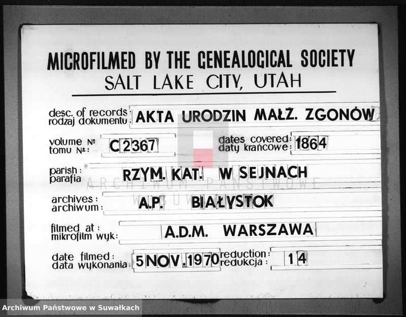 Obraz 1 z jednostki "Duplikat aktów urodzonych, umarłych i zaślubionych parafii rzymsko-katolickiej Sejny z 1864 roku"