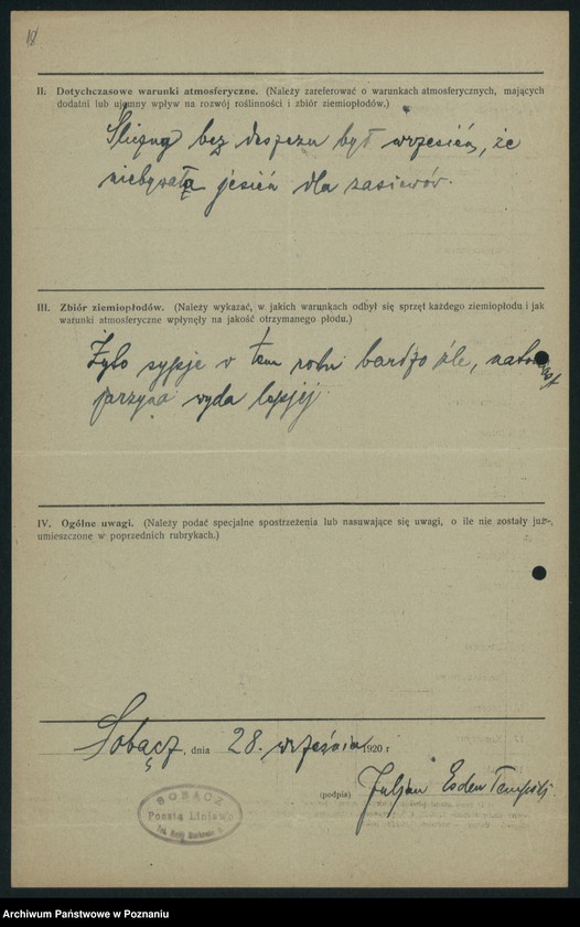 Obraz 20 z jednostki "[Sprawozdanie o stanie i zbiorze ziemiopłodów w miesiącach wrześniu i październiku 1920 w poszczególnych powiatach]"