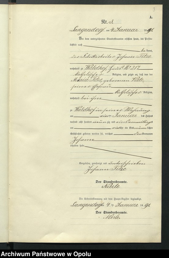 Obraz 7 z jednostki "Geburts-Neben-Register des Standesamts Langendorf pro 1891"