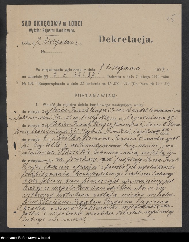 Obraz 17 z jednostki "Chaim Izaak Unger i S-ka- handel towarami manufakturowymi"