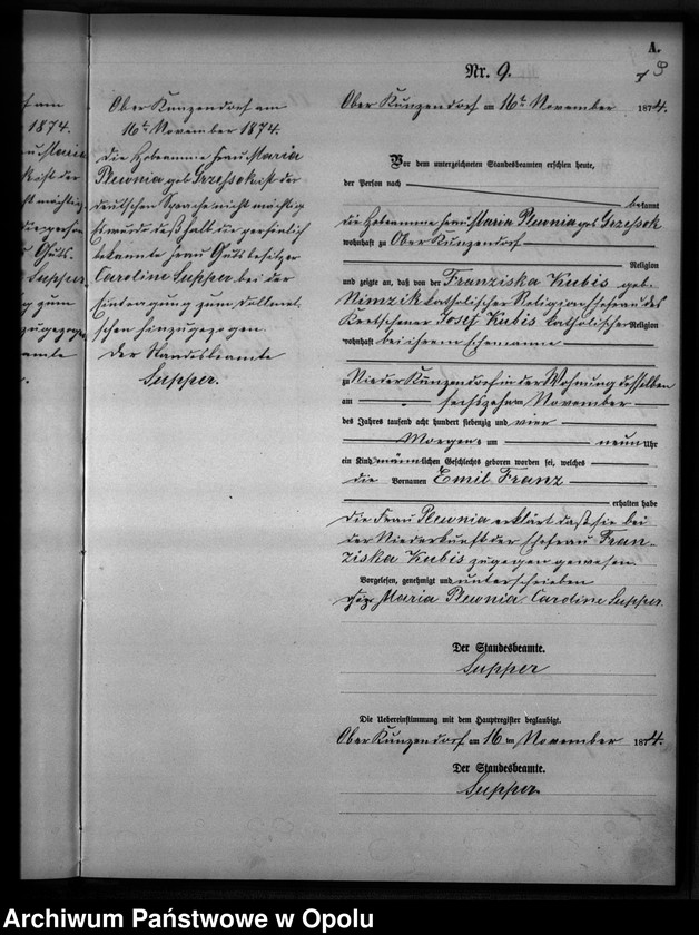 Obraz 12 z jednostki "Geburts-Neben-Register des Standesamtes Kunzendorf 1874"