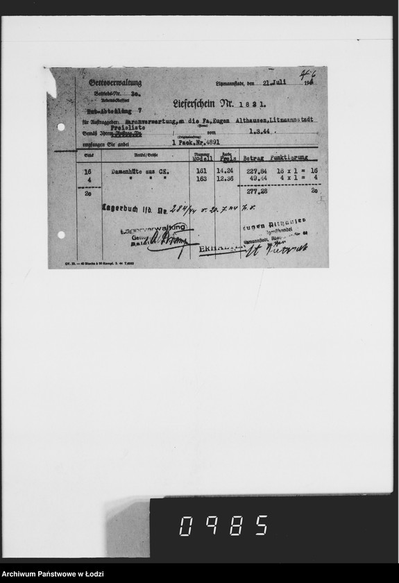 Obraz 10 z jednostki "Auftrag 5919. Damen-Hüte für F-ma Eugen Althausen Litzmannstadt"