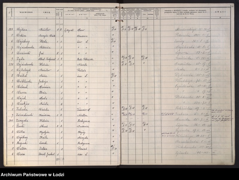 Obraz 19 z jednostki "Księga kontroli ruchu ludności (rejestr osób opuszczających gminę) Łódź, zespół VIII, lit. U, W, Z, Ż"