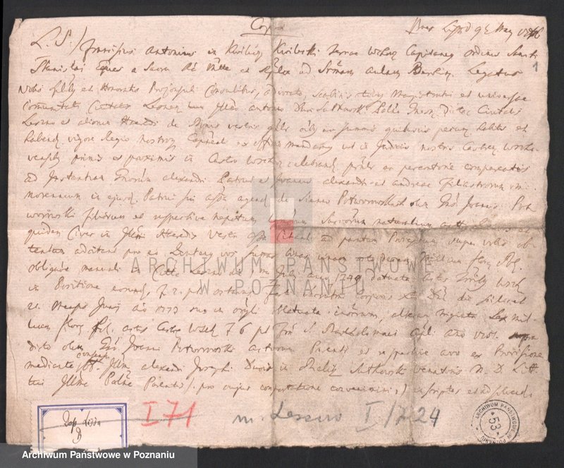 Obraz 2 z jednostki "Odpisy pozwów sądowych, wystawionych przez Franciszka Antoniego Kwileckiego, starostę wschowskiego dla Sułkowskich, właścicieli miasta Leszna"