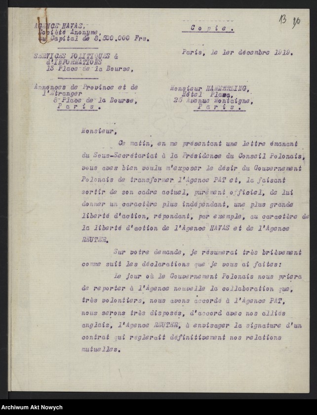 image.from.unit.number "Materiały w sprawie utworzenia Polskiej Agencji Telegraficznej. Memoriały, korespondencja"