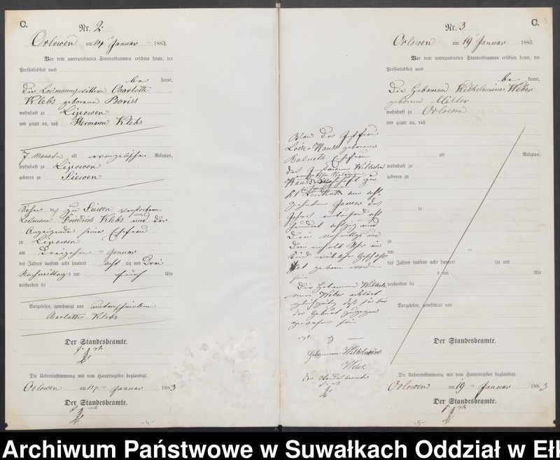 Obraz 6 z jednostki "Sterbe-Neben-Register des Preussischen Standes-Amtes Orlowen Kreis Loetzen für das Jahr 1883"